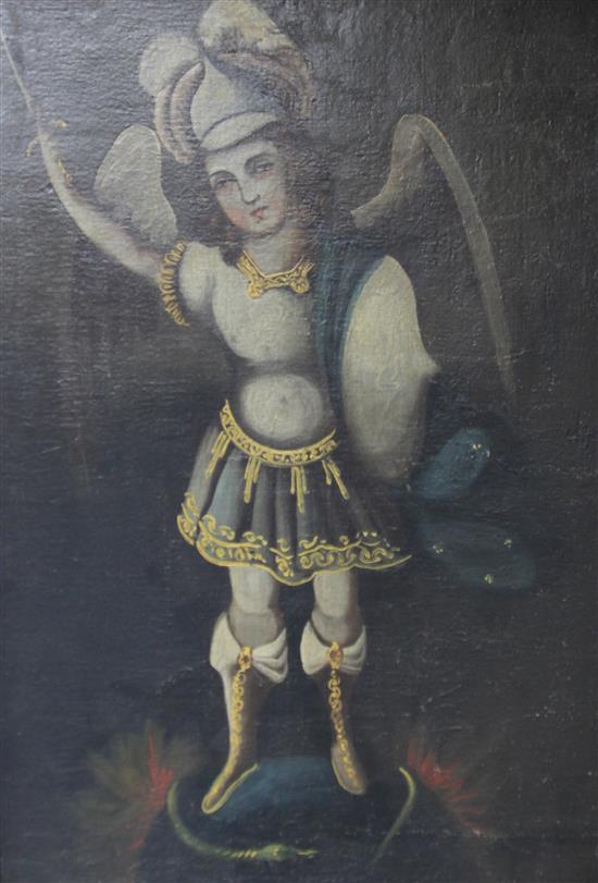 19th century South American School Portrait of St Michael, 30 x 21in.